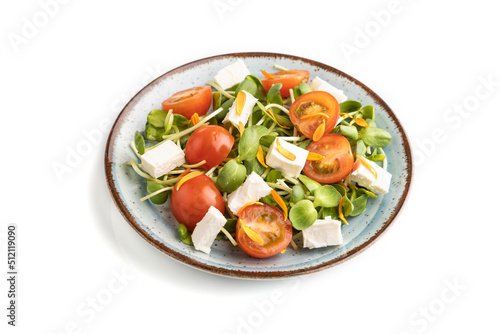 Vegetarian salad of tomatoes, marigold, microgreen, feta cheese isolated on gray. Side view.
