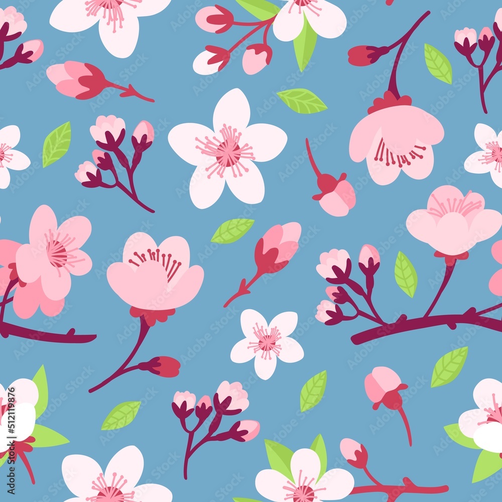 Sakura flowers seamless pattern. Cute cartoon cherry or apricot flower and branches. Garden floral print, asian japanese neoteric vector background