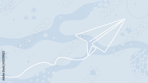 Abstract trendy background with flying lined airplane. One line paper aircraft fly on decorative backdrop, simple vector illustration with liquid shapes