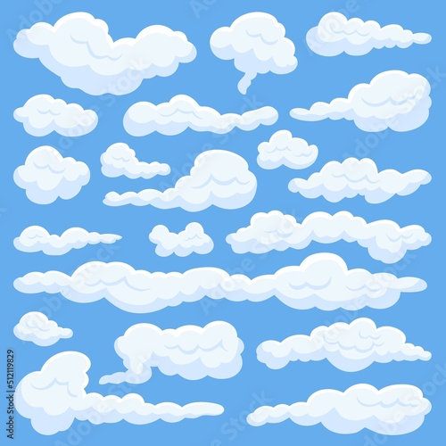 Isolated white cartoon cloud. Aerial clouds in blue sky, game or animation elements. Fluffy comic shapes, smoke or cloudy neoteric vector set
