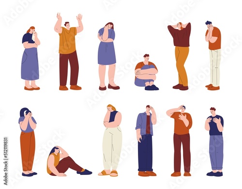 Sad crying people. Teenagers cry, flat depressed person and woman in melancholy. Mental problems, negative emotions and anxiety. Human grief, kicky vector character