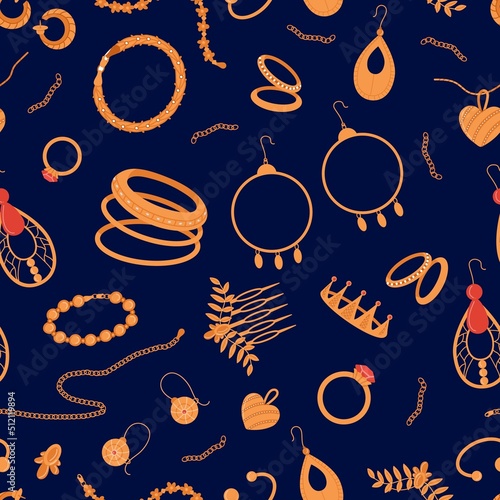 Gold jewelry seamless pattern. Rings, earrings, golden chain and heart shape pendant. Bracelets with gems, vector luxury accessories print