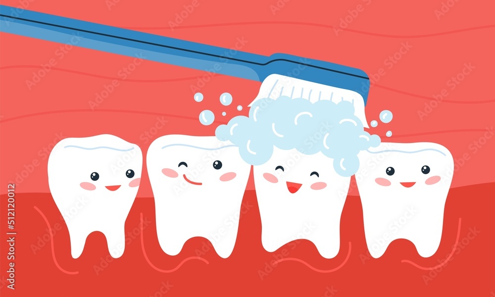 Vecteur Stock Teeth hygiene. Comic shiny dental paste, smiling tooth.  Orthodontic humor childish poster. Mouth cleaning with brush, health caring  decent vector background | Adobe Stock