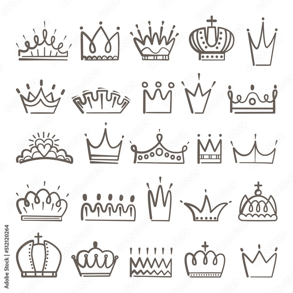 Royal doodle symbols. Crowns sketch, crown diadema tiara for king, queen prince or princess. Isolated luxury business logo, baby neoteric vector emblems Royal doodle symbols. Crowns sketch, crown diadema tiara for king, queen prince or princess. Isolated luxury business logo, baby neoteric vector emblems