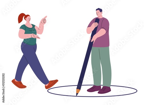 Self boundary. Respect personal borders, friendly woman violate boundaries of sad tired angry man. Build healthy relationship, asocial kicky vector person