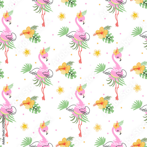 Flamingo seamless pattern. Funny beach flamingos pink white print. Exotic birds and tropical palm leaves. Summer beach hawaii simple nowaday vector background