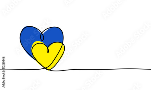 Two hearts embracing each other continuous one line drawing in Ukraine flag colors in supporting Ukraine concept isolated on white background for banner, postcard, poster etc.
