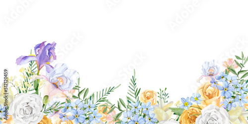 Watercolor flower border frame. Beautiful foral iris and peonies, leaves and branches. Botanical banner design for bridal shower, baby shower, wedding invitation