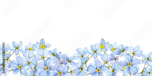 Watercolor small flower border frame. Beautiful blue foral botanical banner design for bridal shower, baby shower, wedding invitation