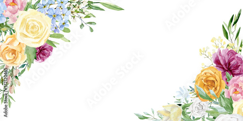 Watercolor floral border frame. Beautiful flowers roses and peonies, leaves and branches. Botanical banner design for bridal shower, baby shower, wedding invitation