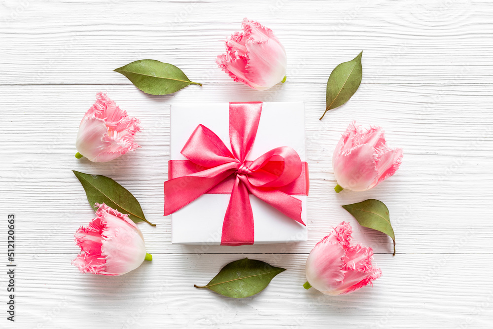 Gift box with pink ribbon. Happy Mothers day greeting card Gift box with pink ribbon. Happy Mothers day greeting card