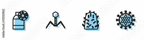 Set line Rabies virus, Bottle with, Bacteria bacteriophage and Virus icon. Vector