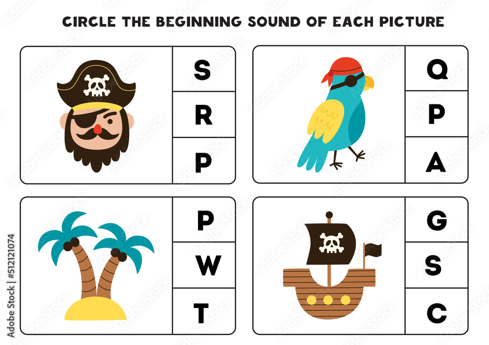 Worksheet for kids. Find the beginning sound of pirate elements.