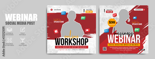 Digital marketing webinar and corporate social media post template. Seminar or workshop event flyer. Web poster with abstract background. Annual meeting or online business conference promotion banner.