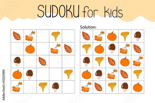 Sudoku educational game or leisure activity worksheet vector illustration, printable grid to fill in missing images, autumn topical vocabulary, puzzle with its solution, teachers resources