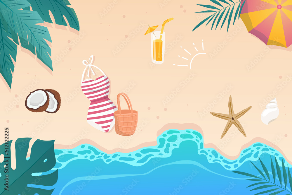 Happy summer background in flat cartoon design. Wallpaper with sandy summertime beach sea, palm leaves, coconut, cocktail, umbrella, swimsuit. Illustration for poster or banner template Stock-illustration | Adobe Stock