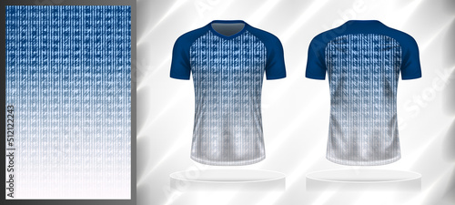 Vector sport pattern design template for T-shirt front and back view mockup. Blue-white color gradient rough plaid line texture background illustration.