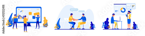 Business people illustration set. Collection of illustrations with people working at home office and coworking space. Teamwork or team building, office business meeting. Vector EPS 10