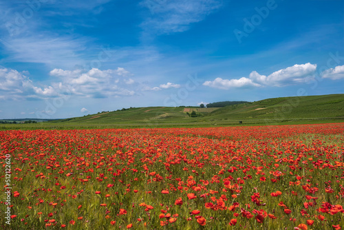 Field of red flowering corn poppies in front of a green vineyard in the background under a blue sky © fotografci