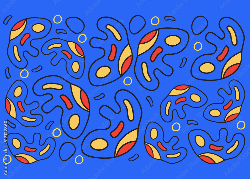 Seamless Pattern in blue, red, and yellow. Abstract decorative shapes backdrop for fabric, textile Etc. , Vector  Illustration. 