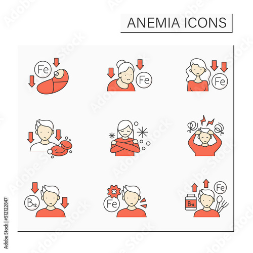 Anemia color icons set. Disease prevention. Healthy lifestyle. Health protection concept. Isolated vector illustrations