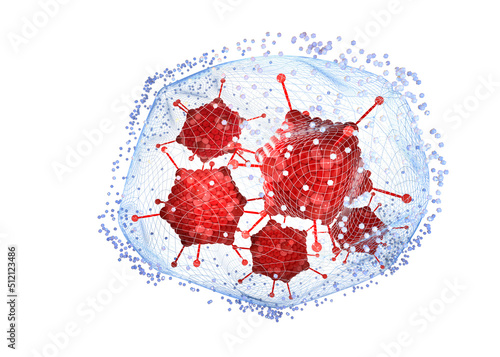 Viruses, Adenovirus in a net, captured by little molecules, proteins or enzymes, visualizing the immune system. Conceptual 3d illustration on white background. photo