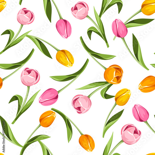 Seamless pattern with pink, orange, and yellow tulip flowers on a white background. Vector floral pattern