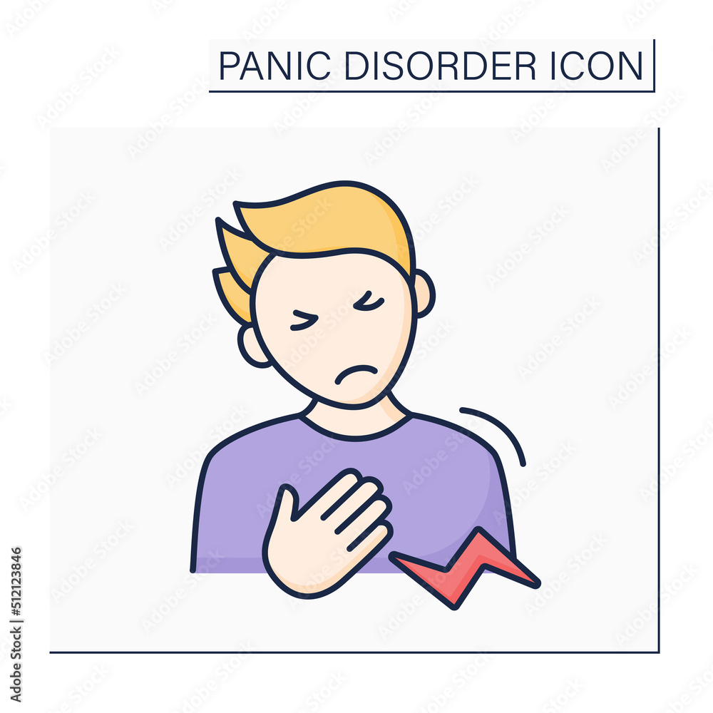 Chest discomfort color icon.Strain or spasm of intercostal chest wall muscles. Acute anxiety.Panic disorder concept. Isolated vector illustration