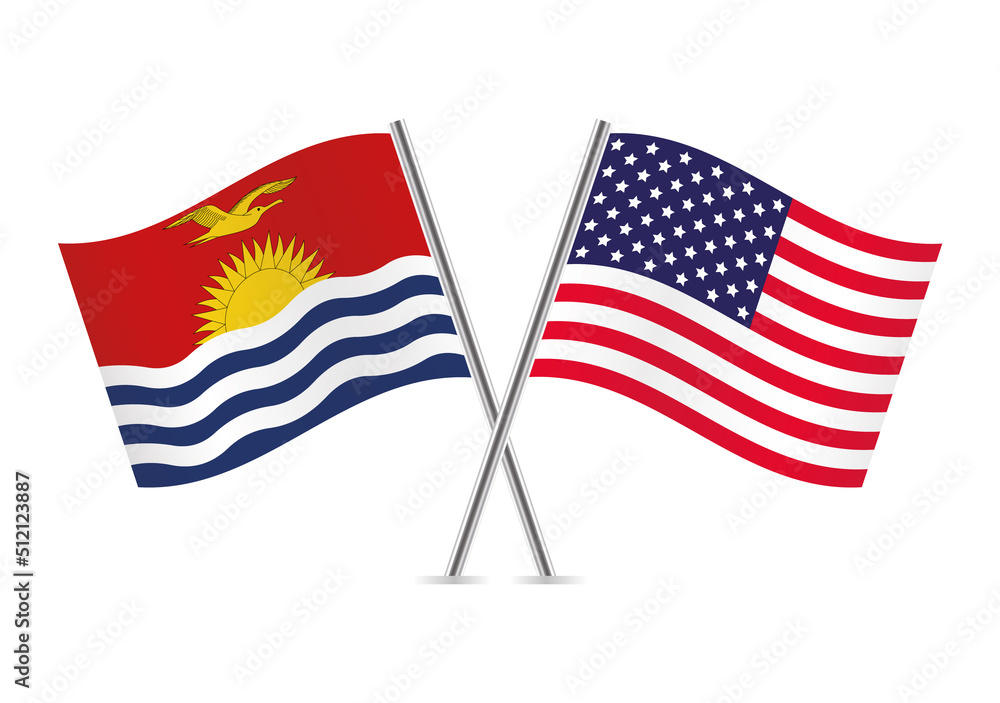 Obraz premium The Republic of Kiribati and America crossed flags. Kiribati and American flags on white background. Vector icon set. Vector illustration.