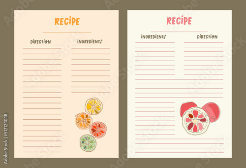 Set of blank templates for filling recipes. Vector color card with illustration of fruit, oranges. Blank recipe card form to record favorite recipes.