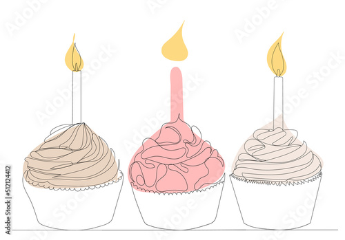 cake with a candle one continuous line drawing, vector sketch