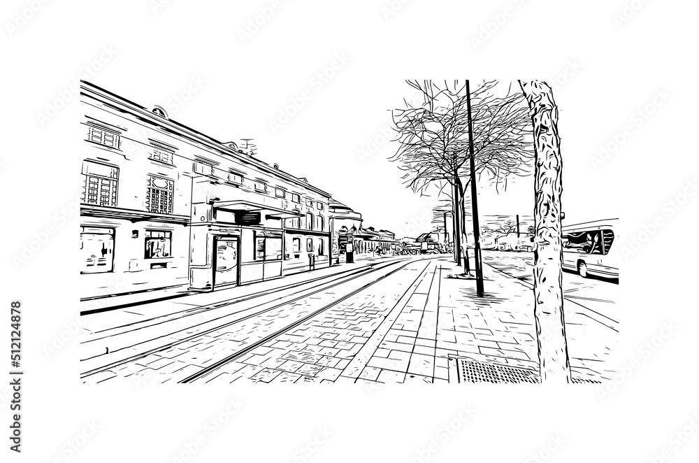 Building view with landmark of Mulhouse is a city in eastern France. Hand drawn sketch illustration in vector.