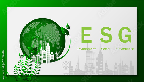 ESG infographic with icon. concept of business trend. environmental, social, and governance in sustainable and ethical business on the Network connection. with globe on a green background.