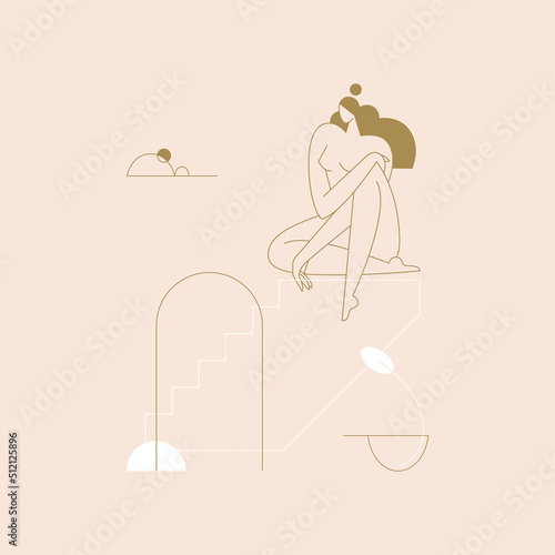 Female body vector illustration. Nude woman silhouette composition, geometric shapes feminine figure, boho colored contemporary design.Self care, body beauty concept for logo, branding. Modern art