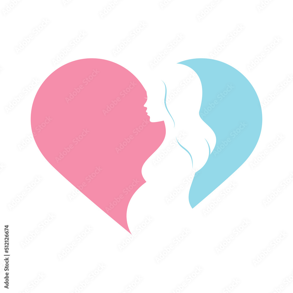 Pregnant woman and heart shape silhouette icon vector. Beautiful pregnant woman with pink and blue heart shape design element isolated on a white background. Motherly love symbol