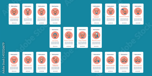 Motivation onboarding mobile app screens. Goals setting, personal control and emotional state. Inspiration steps menu. Set of UI, UX, web template with RGB color linear icons