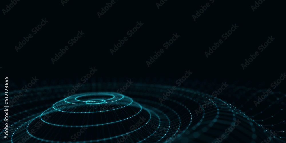 Fototapeta premium Abstract music sound wave. Dark cyberspace with moving particles. Futuristic circle wave with digital database. Big data analytics. 3d rendering.