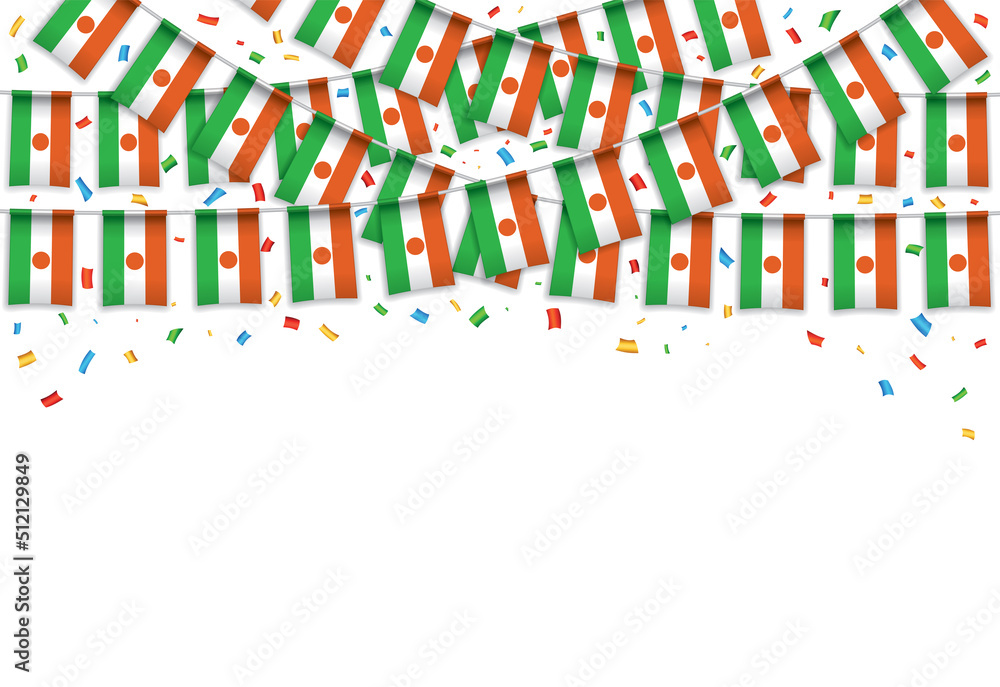 Niger flags garland white background with confetti, Hang bunting for independence Day celebration template banner, Vector illustration