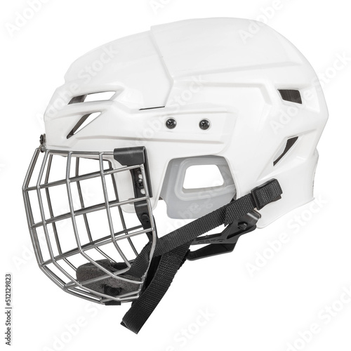 Ice hockey new white protective plastic helmet with front metal grill isolated on white background
