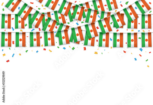 Niger flags garland white background with confetti, Hang bunting for independence Day celebration template banner, Vector illustration photo