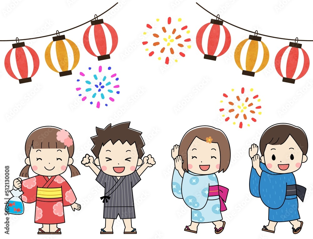 Stockvector 夏祭り 花火大会 浴衣を着た子供たちのイラスト 線あり Adobe Stock Stockvector 夏祭り 花火大会 浴衣を着た子供たちのイラスト 線あり Adobe Stock