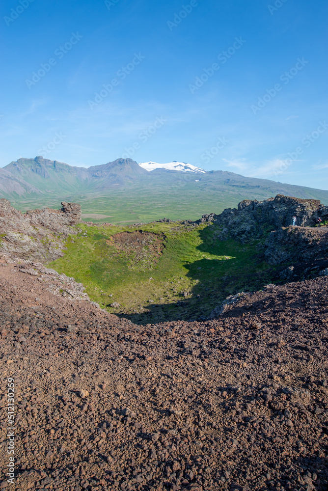 Saxholl crater and Snaefellsjokull glacier in summer, Snaefellsnes peninsula, Iceland