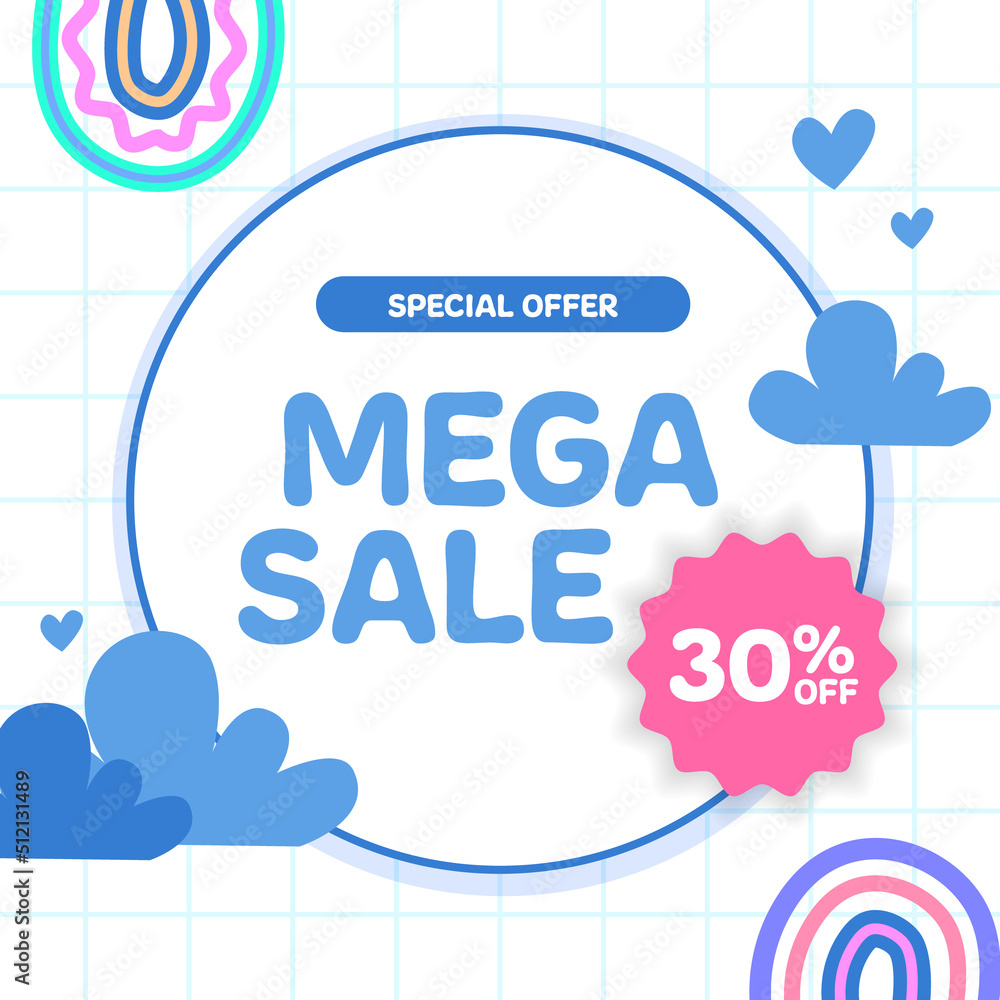 Mega Sale offer promotion discount for kids baby toddler with memphis kawaii abstract element blue pastel color Mega Sale offer promotion discount for kids baby toddler with memphis kawaii abstract element blue pastel color