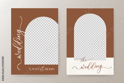 Modern Burnt orange Color Arch wedding invitation template with calligraphy and place for photo.