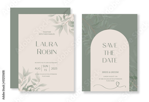 Botanical greenery wedding invitation template set with watercolor leaf and arch for party, greeting card.