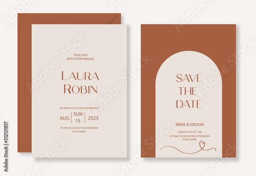 Minimalistic wedding invitation template set with arch for party, greeting card.