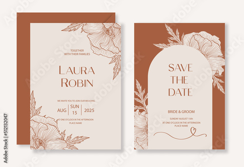 Botanical wedding invitation template set with sketch drawn poppy flower and arch for party, greeting card. photo