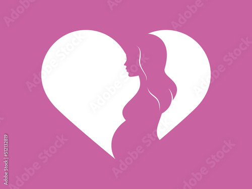 Pregnant woman and heart shape silhouette icon vector. Beautiful pregnant woman with white heart shape design element isolated on a purple background. Motherly love symbol