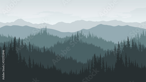 Landscape of pine forests and mountains in the morning or evening.