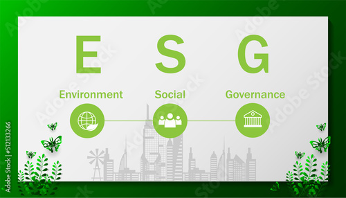 ESG infographic with icon. concept of business trend. environmental, social, and governance in sustainable and ethical business on the Network connection. with globe on a green background.